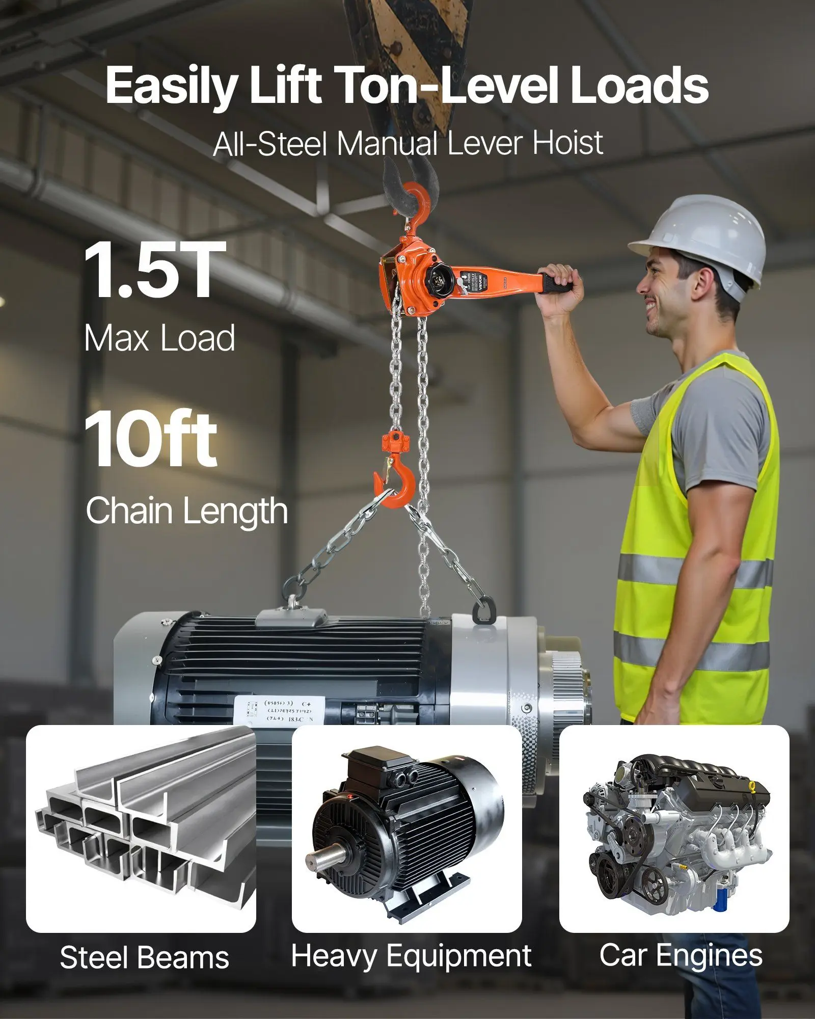 1.5T/3300LBS Manual Lever Chain Hoist 10FT G80 Alloy Steel Chain with Dual Pawl Brake & 360° Hooks for Warehouse Construction