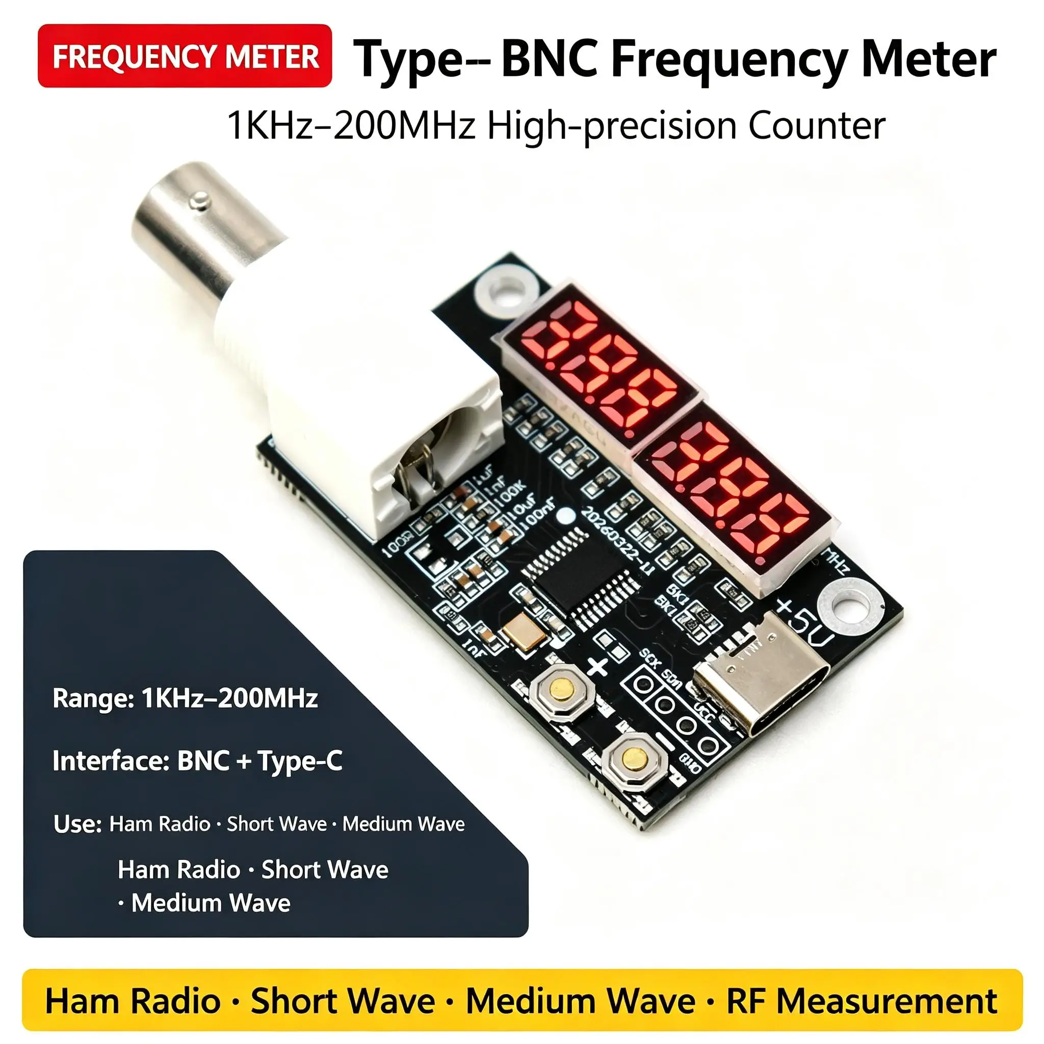 DYKB 1KHz-200MHz Frequency Meter BNC TYPE-C High Precision Digital Counter Ham Radio SW MW Measurement Receiver Analyzer Module