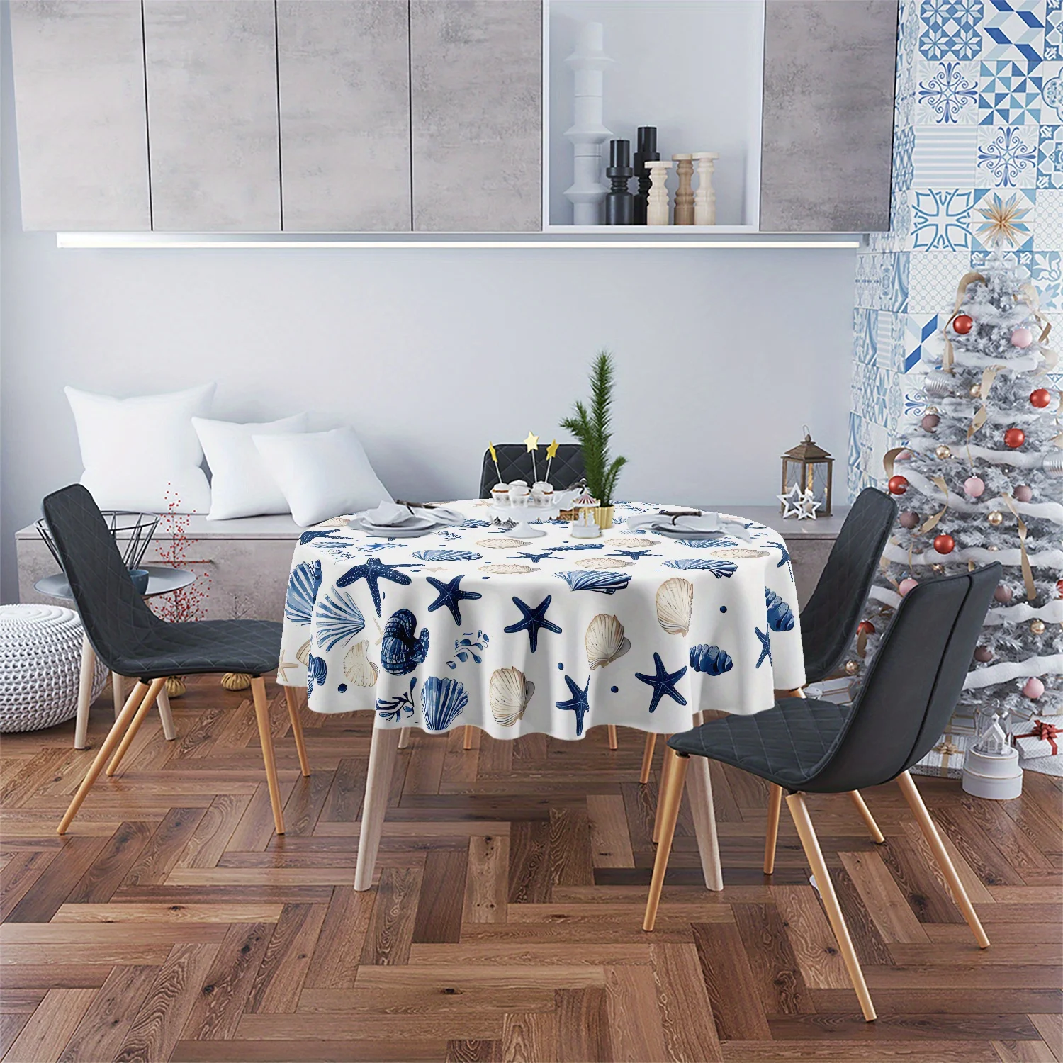 1 round tablecloth, shell and starfish pattern - seaside theme, durable polyester woven fabric