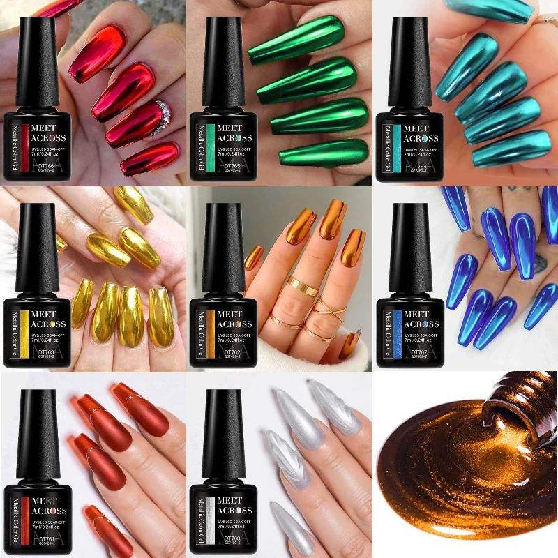 MEET ACROSS 7ml Metallic Gel Polish Mirror Effection Nail Art Soak Off UV Gel Nail Polish Red Green Gold Mirror Gel For Nails