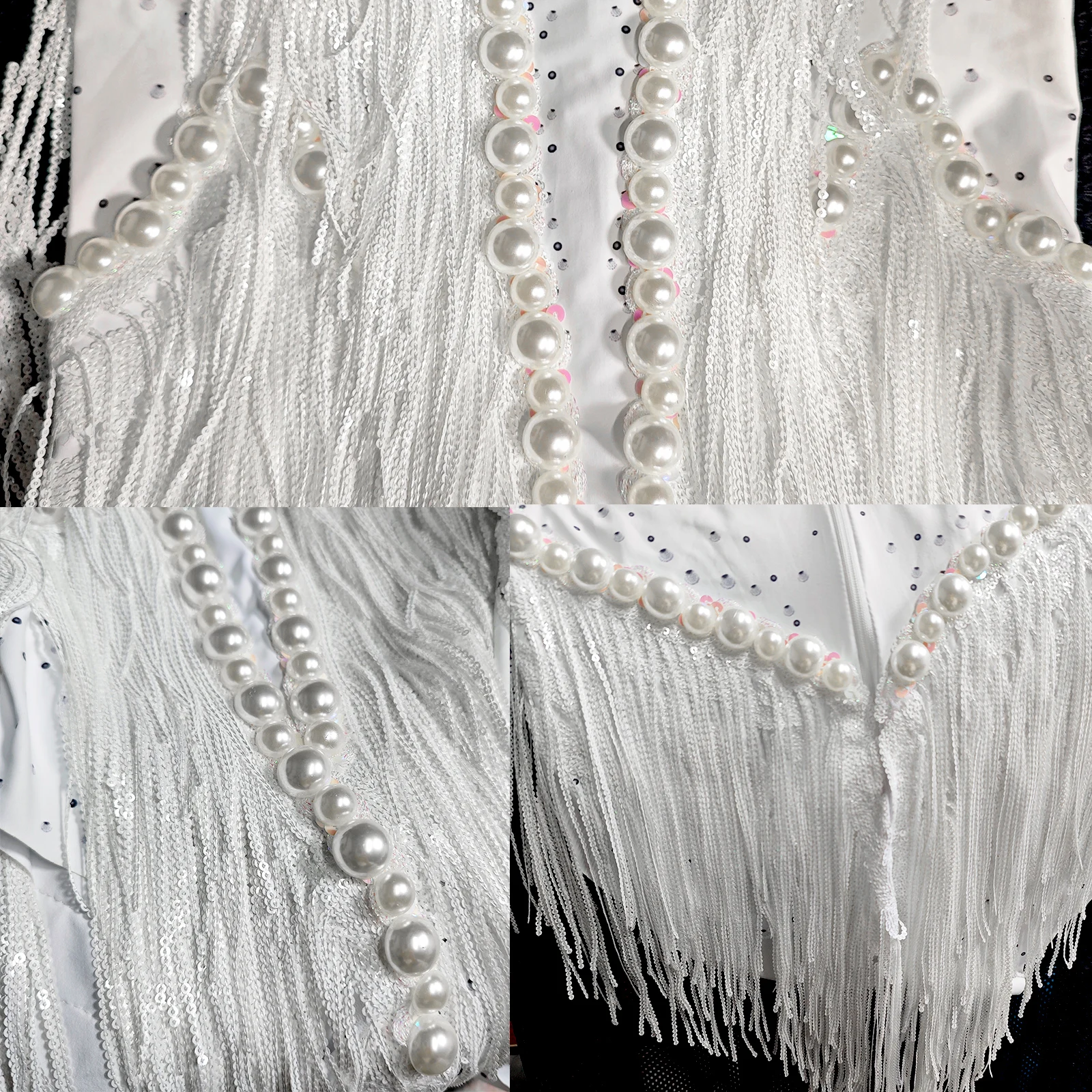 Sexy strass scintillanti bianco girocollo body con frange di paillettes body cantante ballerino performance discoteca outfit