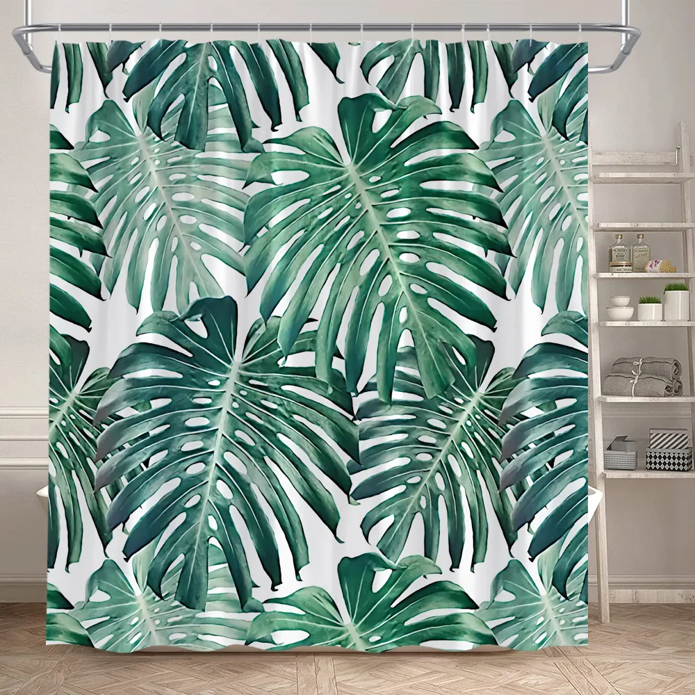 Tropical Plants Leaves Shower Curtains Green Palm Leaf Watercolour Art Modern Polyester Fabric Bathroom Curtain Decor With Hooks