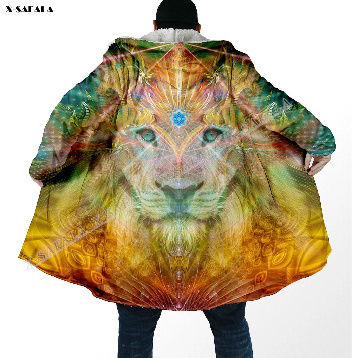 Lion Mantala Art Pattern 3D Printed Overcoat Hooded Blanket Coat Cape Robe Fleece Velvet Loose Men Female Jacket Cloak Windproof