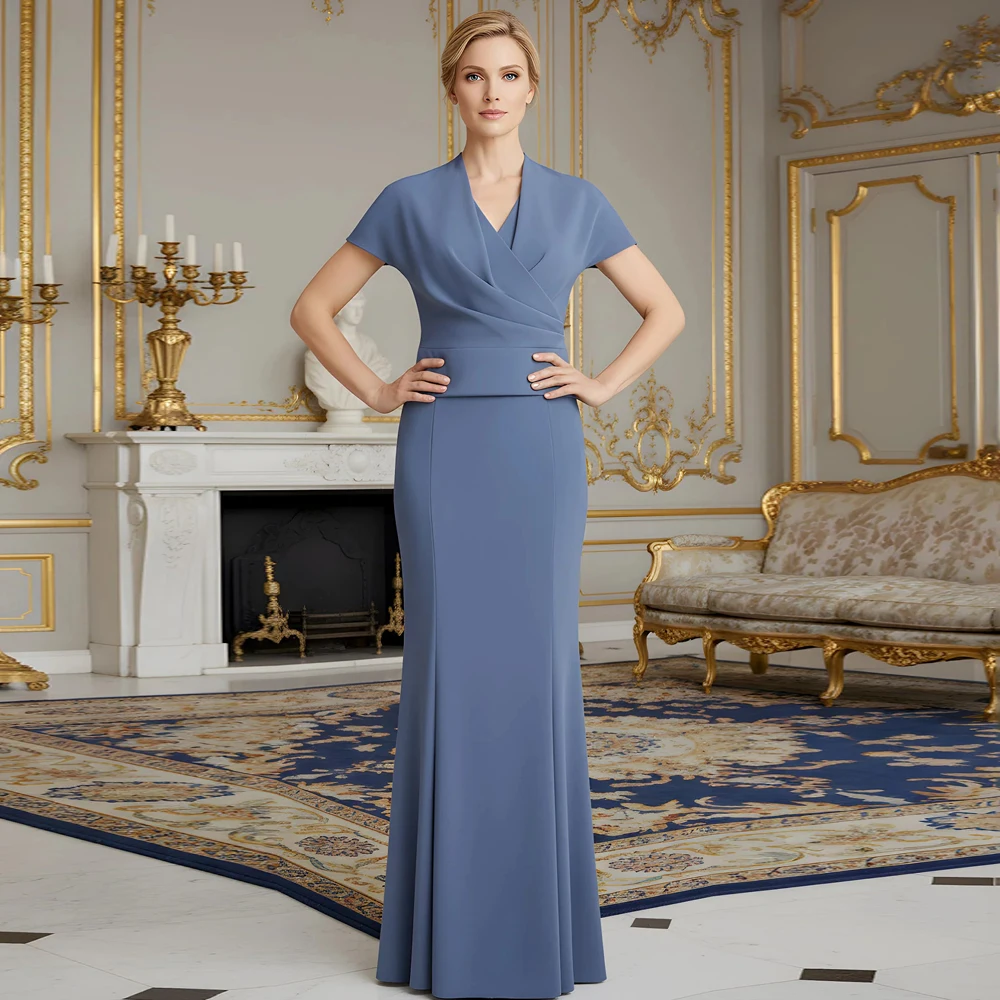 Customized Mother of The Bride Dress Elegant V Neck Pleated Short Sleeve Column Floor Length Wedding Guest Gown Party Dresses