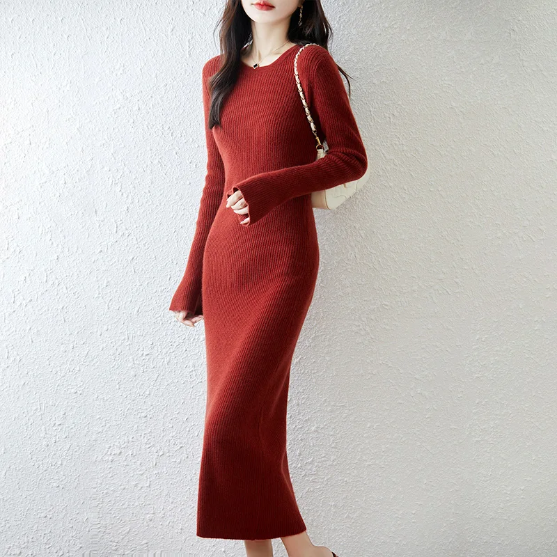 New Women Knitted Pit strip slimming style 100% Australia Wool Long Dress Round Neck Flare Sleeve High quality Length Style Dres