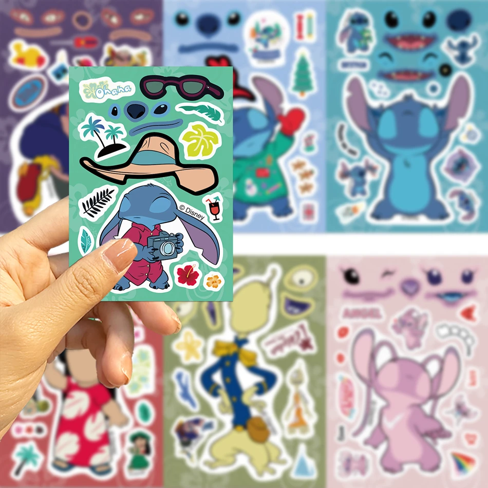 8 Vellen Disney Stitch Stickers Maken Een Gezicht Cartoon Puzzel Anime Schattige Kinderen Diy Speelgoed Grappig Assembleren Puzzel Kids Jongens Meisjes