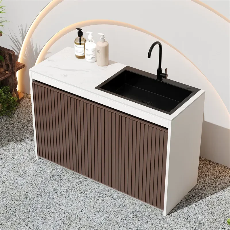 Outdoor Rock Slab Sink Console Table with Honeycomb Storage Cabinet for Courtyard Balcony Vegetable Washing 2026 New Design