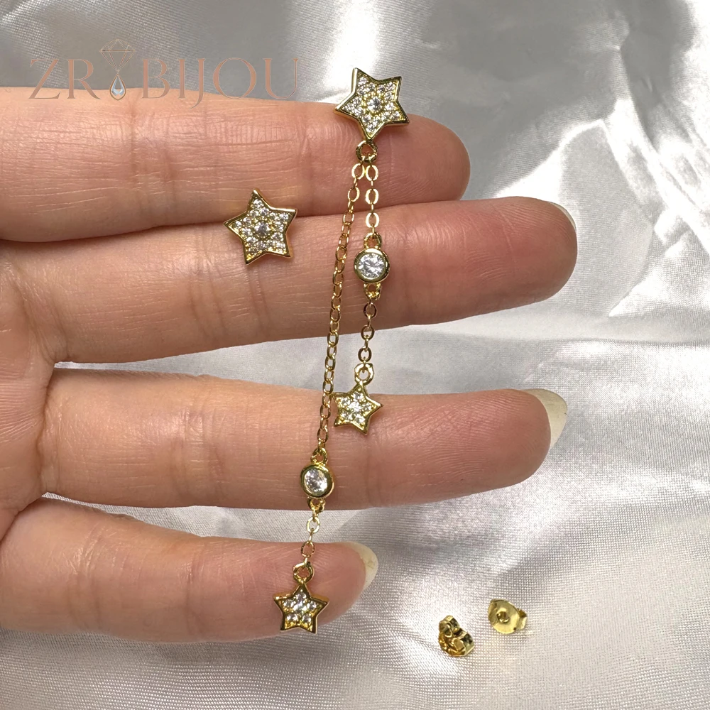 5A Kubikzirkonia Iced Out Bling Funkelnder Modeschmuck für Damen, Prong-Set, weiße Zirkonia, baumelnde Stern-Ohrringe für Frauen