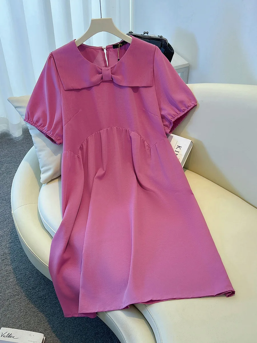 150Kg Plus Size Women\'s Bust 150 Summer Loose Bow Short-Sleeved Doll Collar A-Line Dress Black Rose-Red 5XL 6XL 7XL 8XL 9XL