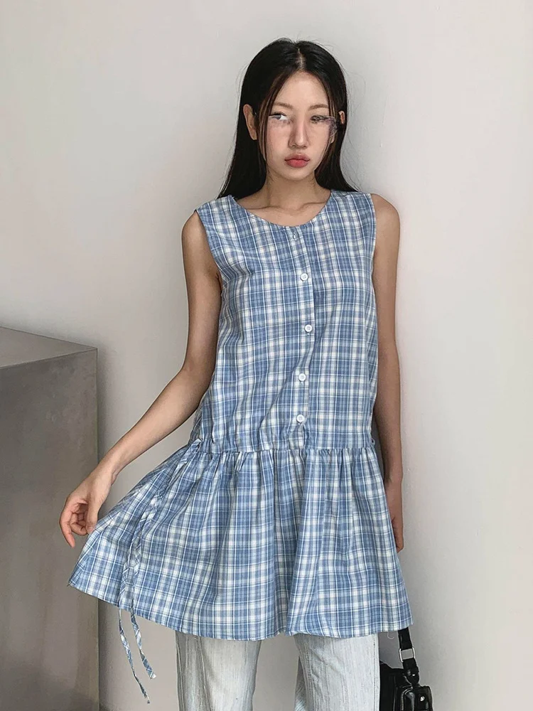 Dames Plaid Svel Vest Dr Hoge Taille A-lijn ort Rok Trendy Dstring Afslanken ter Ne Zomer Katoen Dr