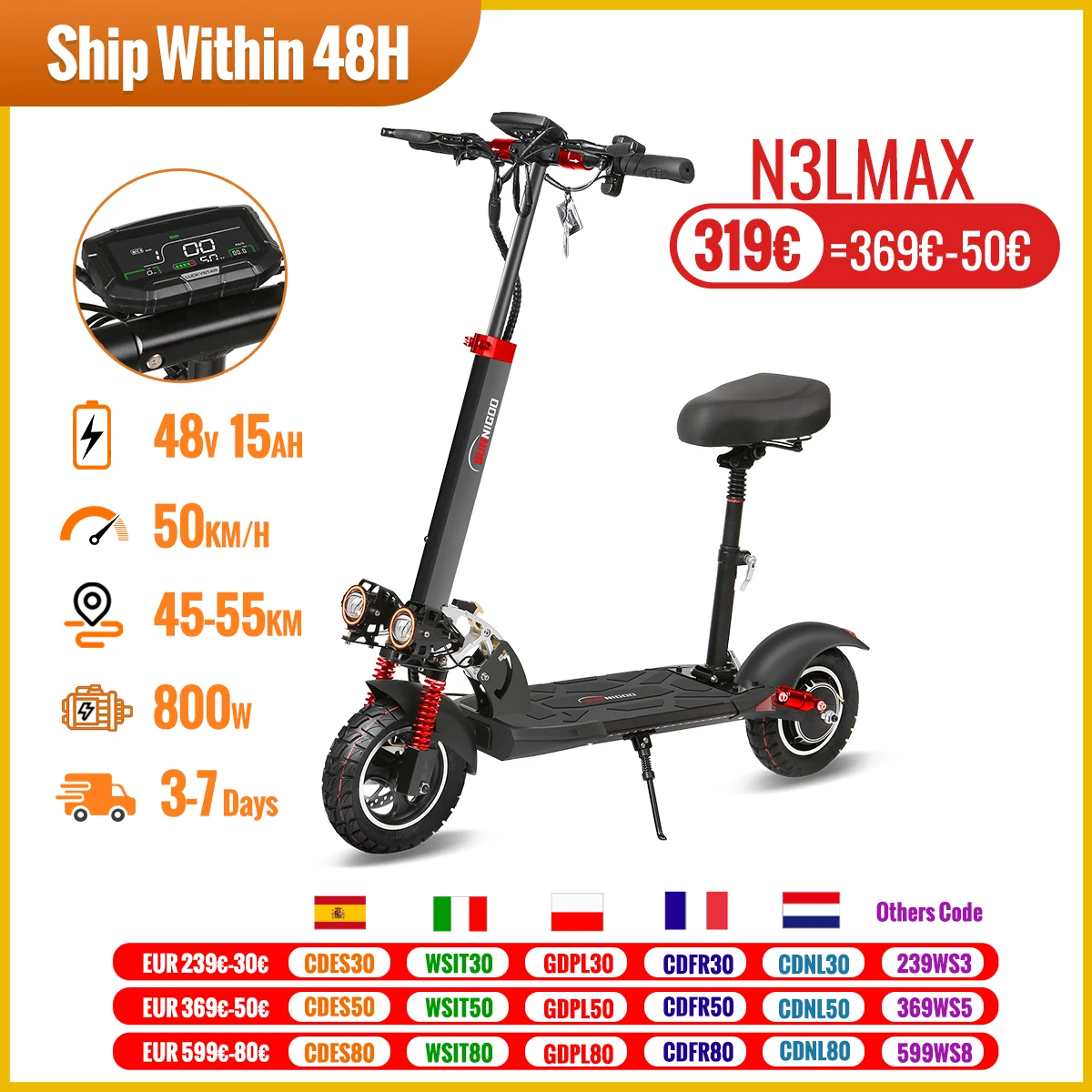 800W Powerful Electric Scooter 48V 15Ah Max Speed 50km/h 50km Range 10'' Tires Dual Shock Absorbing Folding EScooter for Adults