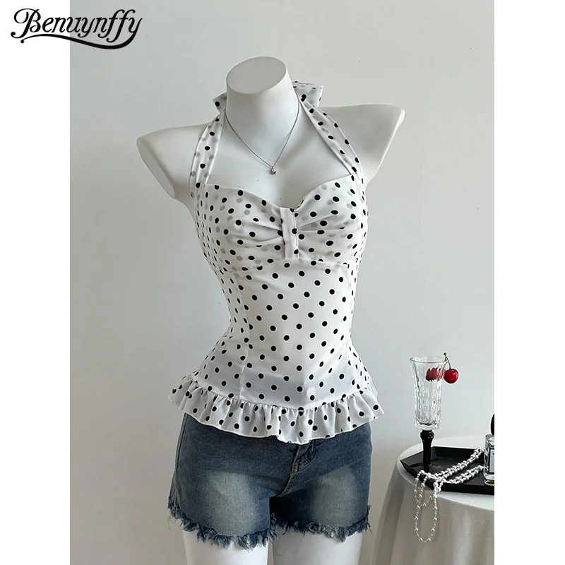 Benuynffy Sweetheart Neck Polka Dot Halter Top Women Summer Sweet Vintage Backless Ruffle Hem Sleeveless Top Female Camisole