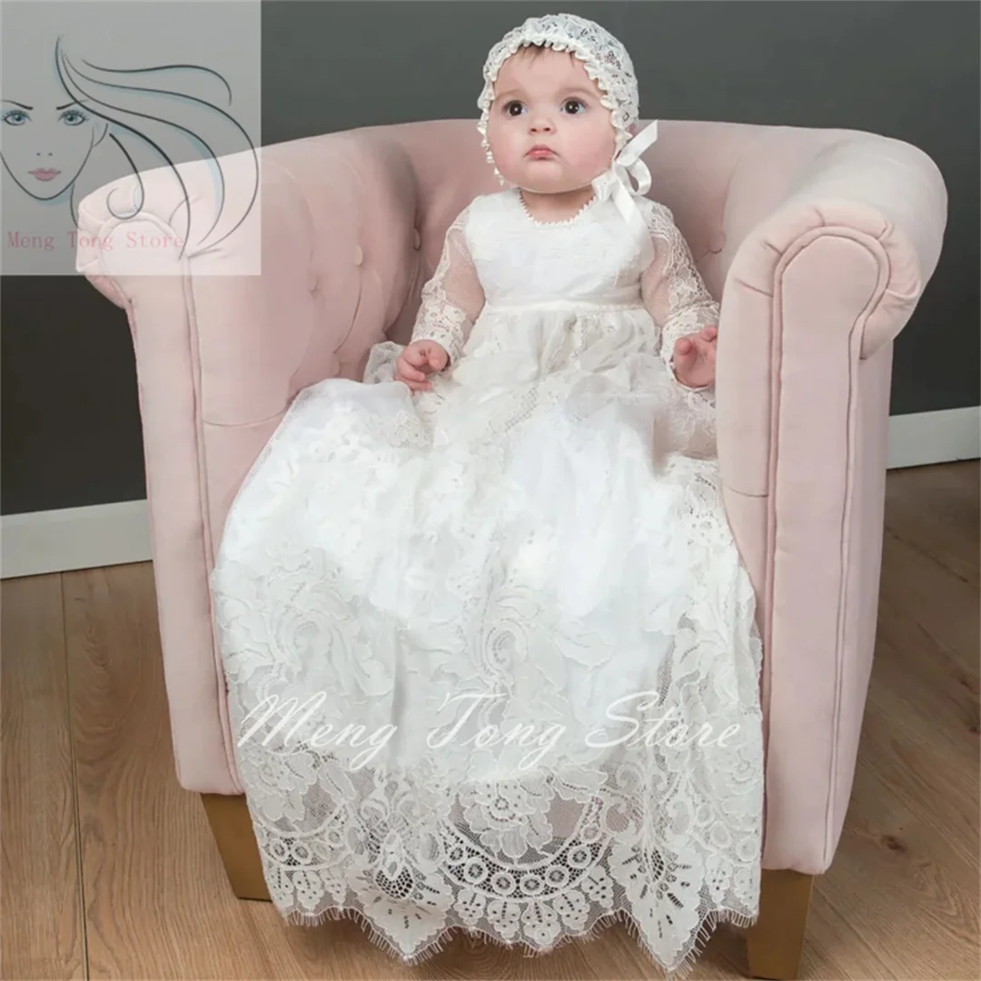 

White Baby Dress Flower Girl Dresses Satin Lace Pattern Applique Long Sleeve For Wedding Birthday First Communion Baptism Gowns