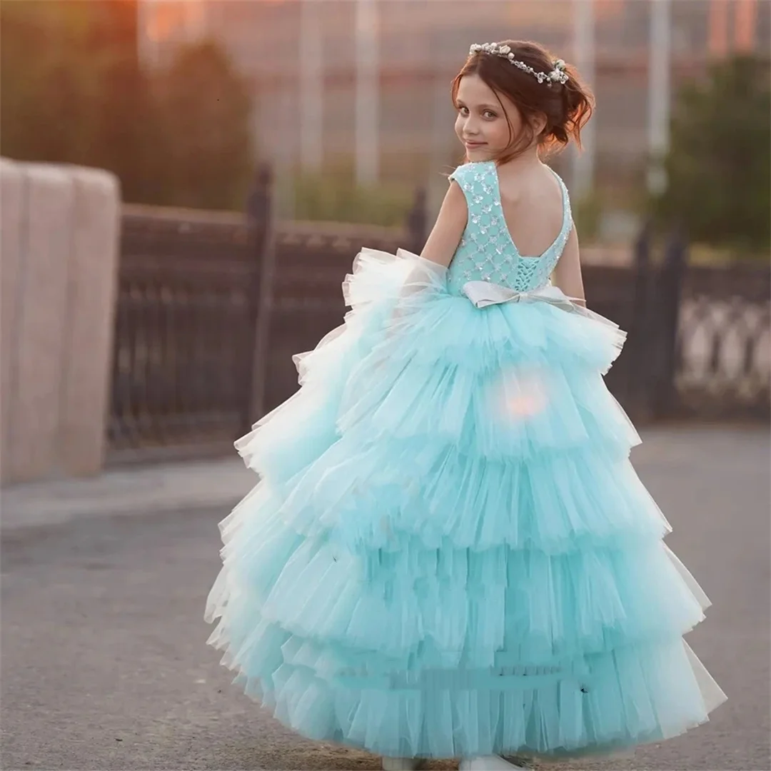 

Elegant Flower Girl Dresses for Party 2025 New Summer Lace Up Cap Sleeve Wedding Party Gowns with Sequined Bow