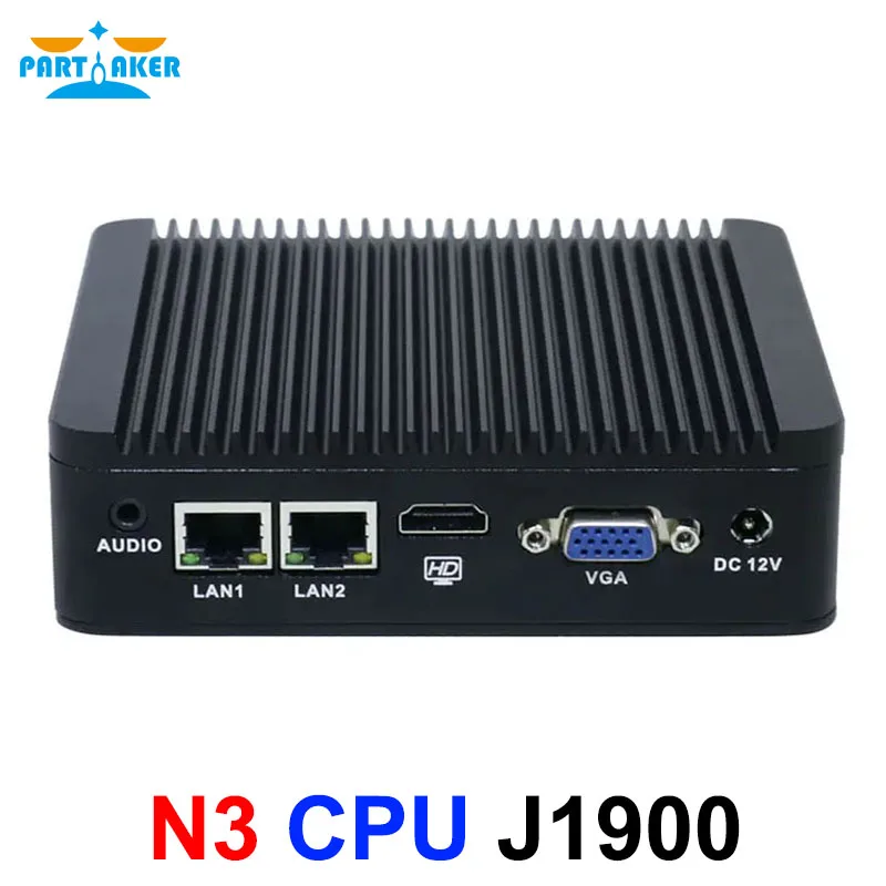 Partaker Mini PC 2 Port Lan Intel quad core J1900 CPU 2.0GHz komputer tanpa kipas untuk windows 7 8