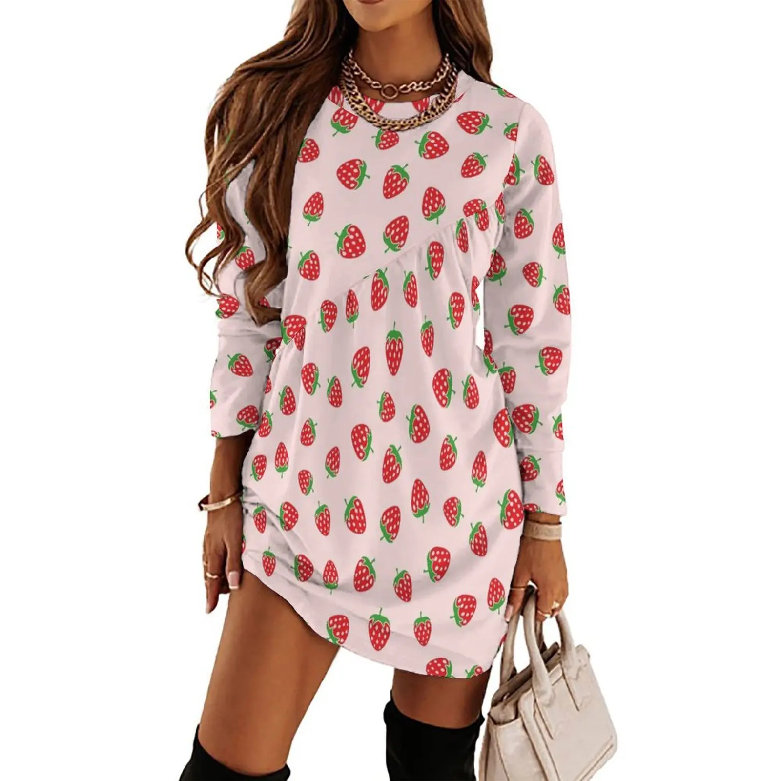 

Strawberry Long Sleeved Dress women"s evening dress 2024 loose women"s dress