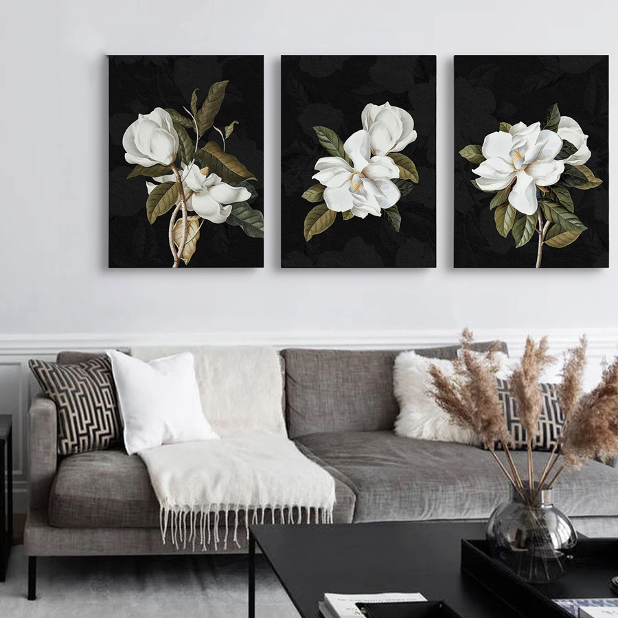 3Pcs Floral Diamond Embroidery Diy Diamond Painting Full Square Round Mosaic Black White Magnolia Flower Cross Stitch Handmade