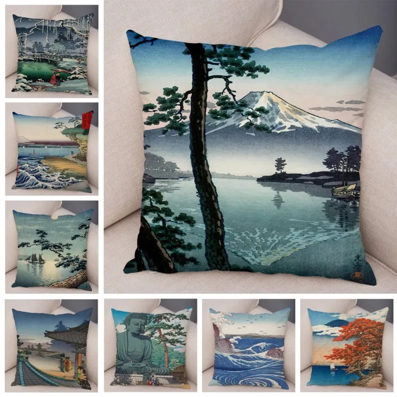 Japanese style soft Peach skin polyester pillowcase, beautiful pillowcase, vintage decor, landscape painting, throw, sofa