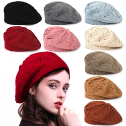 Geebro Women's Plain Color Knit Beret Hat Ladies French Artist Beret Hats Spring Casual Thin Acrylic Berets for Women Beanie
