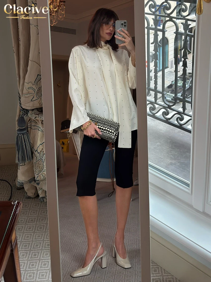 Clacive Fashion Loose Print Women Shirt 2025 Casual Stand Collar Long Sleeve Shirts Elegant Classic Lace-Up Top Female Clothing
