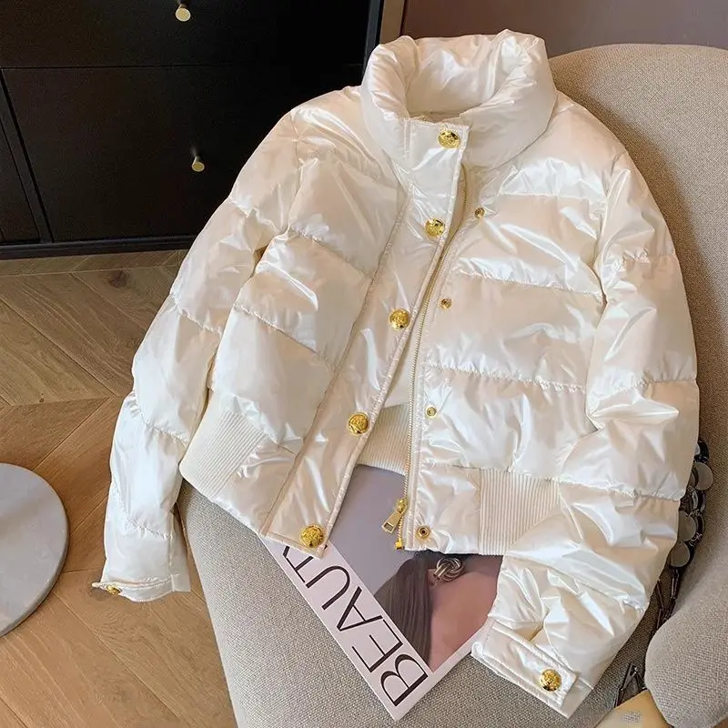 Chic Design White Parkas Women Puffer Jacket Puffy Coat Button Winter Warm Thick Long Sleeve Short Jacket Stand Collar Outerwear