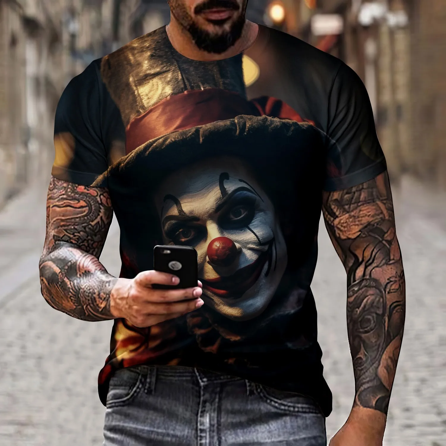 New 3D Joker Print Men\'s Novel Cool and Creative Short sleeved Round Neck Polyester T-shirt Summer Outdoor Casual Street Wear