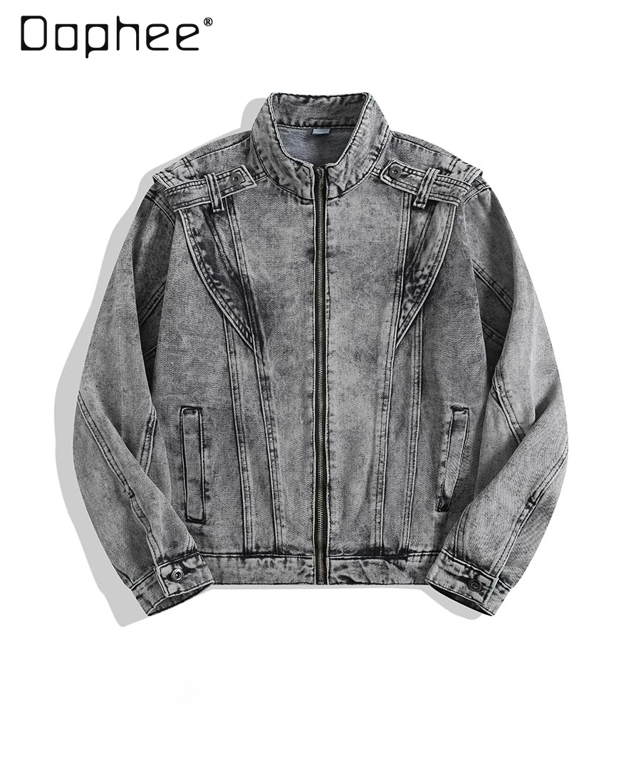 2025 Spring and Autumn American Vintage Style Heavy Washed Denim Jacket Stylish Design Street Motorcycle Gray Jacket