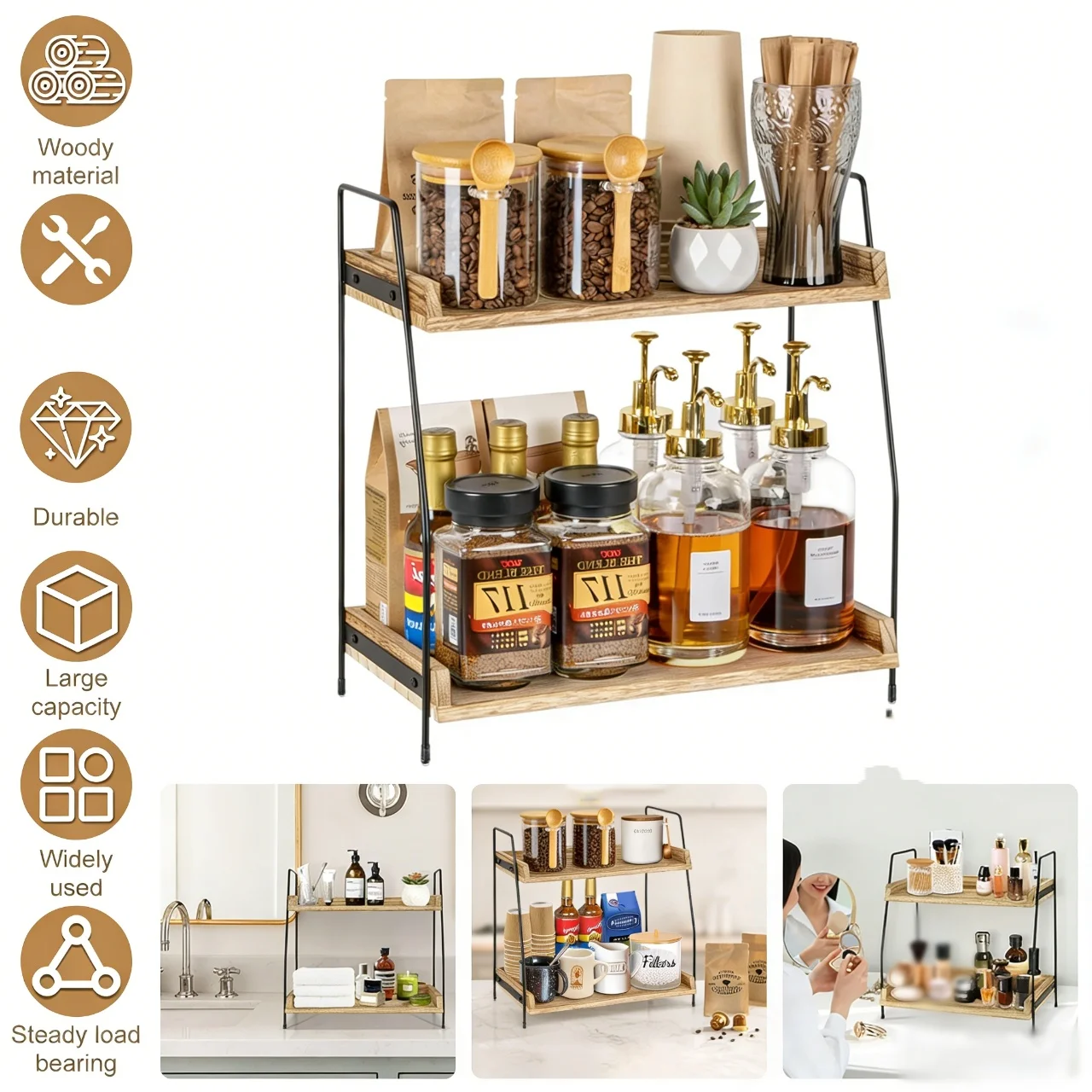 2 Tier Wooden Coffee Station Organizer for Home