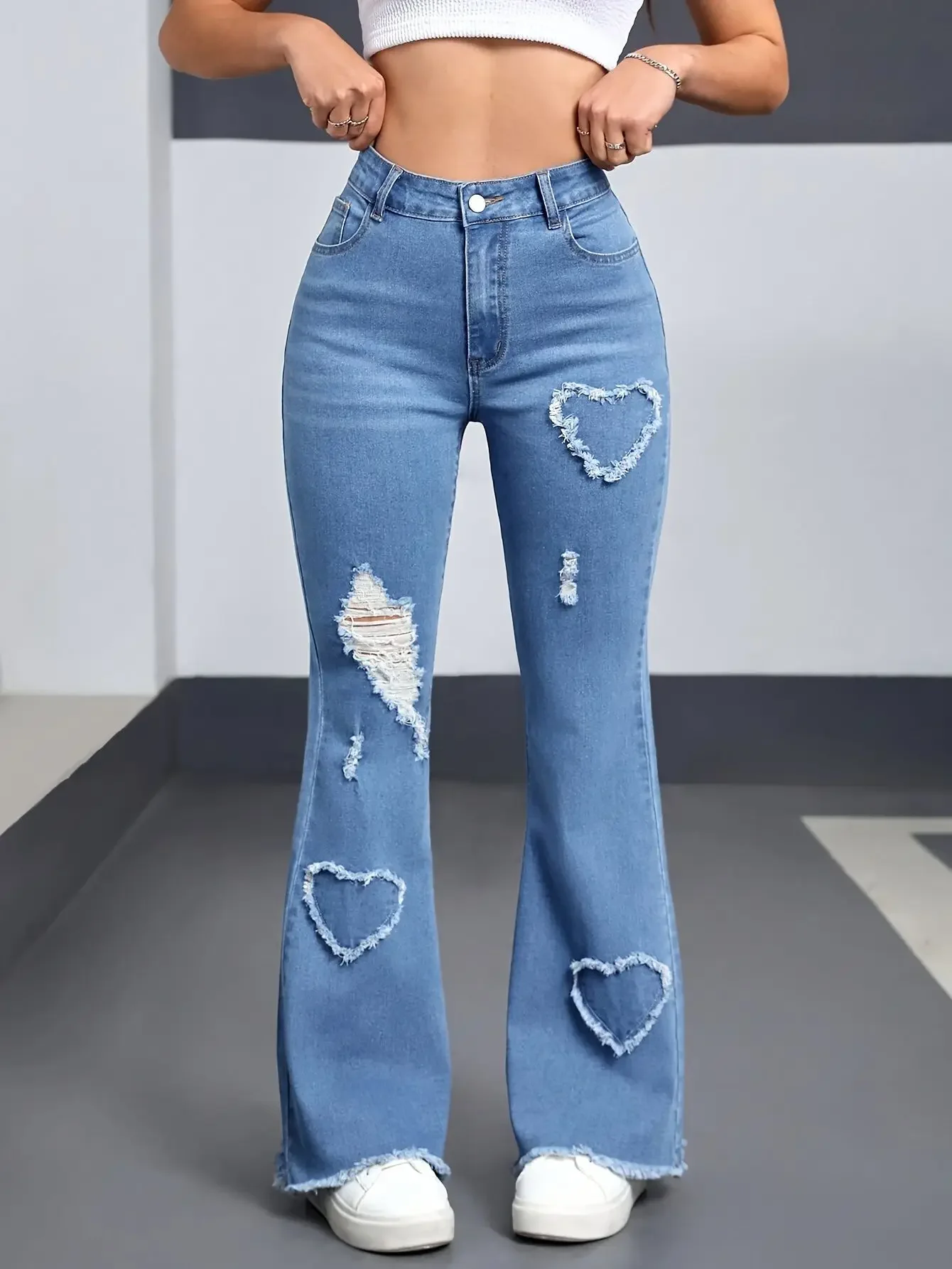 Y2K Blue Stretchy Heart Shaped Flared Jeans High Waist Retro Fashion Trendy Elastic Trousers for Women
