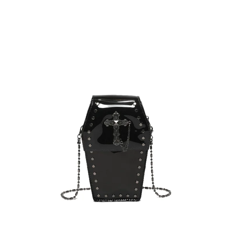 Newly Women Clear Handbag Gothic Coffin Shape Concerts Punk Metal Chain Female Shoulder Crossbody Bag Stadium Approved Phone Bag