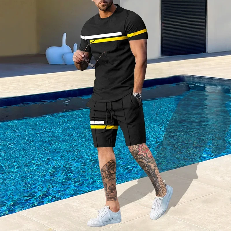 

Summer Stripe 3D Print Fashion Men's Suit Casual Beach Shorts Set Short Sleeve T Shirt Round Neck 2 Piece Outfits Men's Clothing