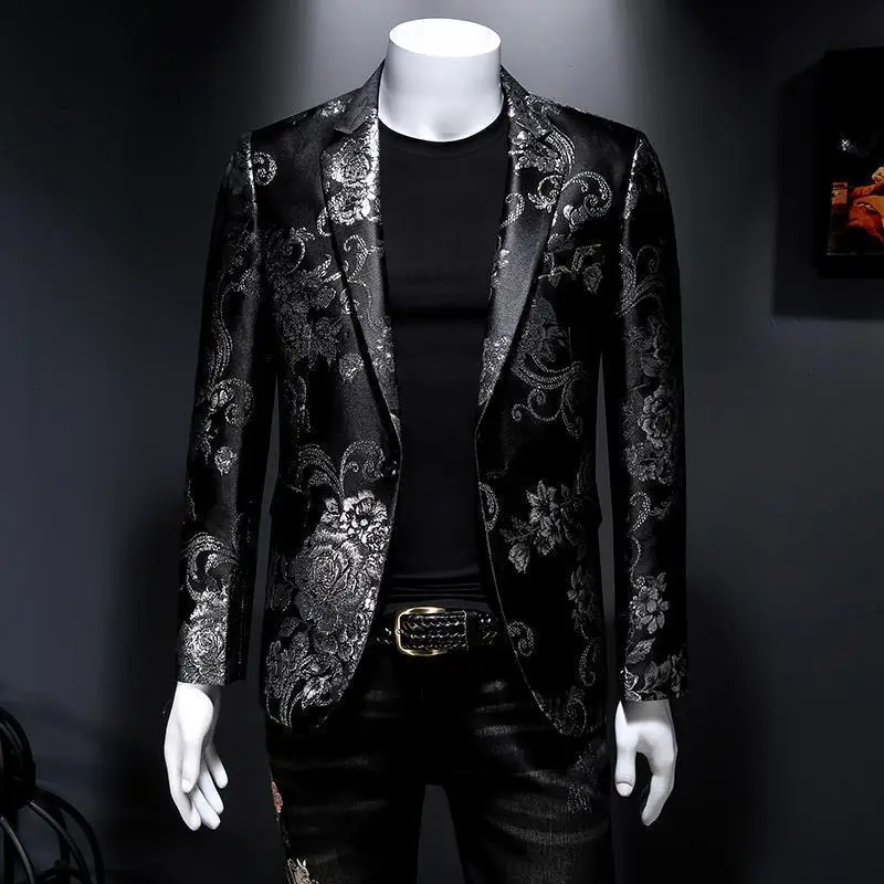 New Men Fashion Trend Wedding Party Jacquard Suit Jacket Single-breasted Slim Blazer Singer Host Stage Performance Dress Coats