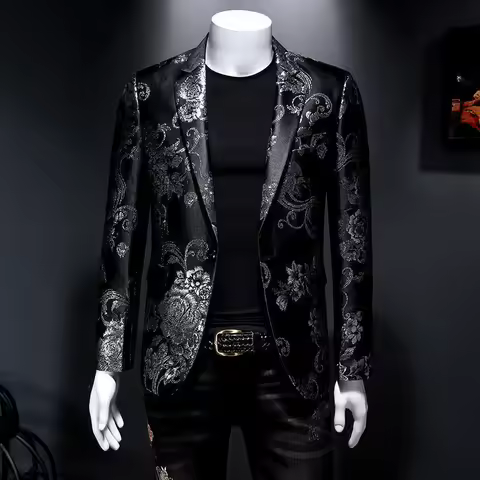 New Men Fashion Trend Wedding Party Jacquard Suit Jacket Single-breasted Slim Blazer Singer Host Stage Performance Dress Coats