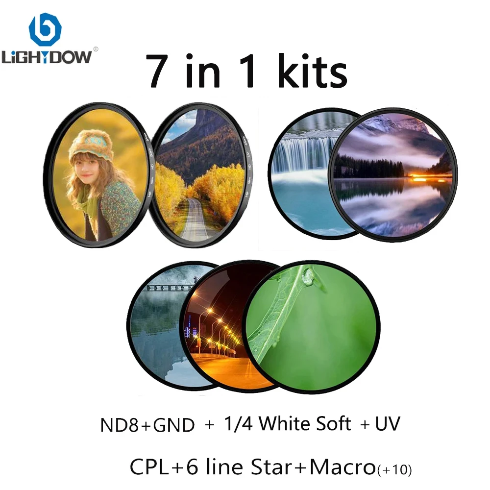 

Lightdow Lens Filter 7 in 1 Kits CPL Close Up 10 White Soft 6 line Star 0.9 Graduated Gray Filter for Canon Camera Lens Filters