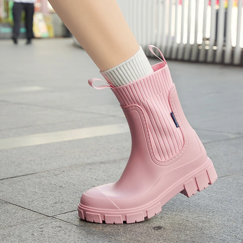 Sleeve Stretch Mouth Block Heel Shoes Women's New Mid-Low Cylinder Waterproof and Non-Slip Outdoor Mid-Cylinder