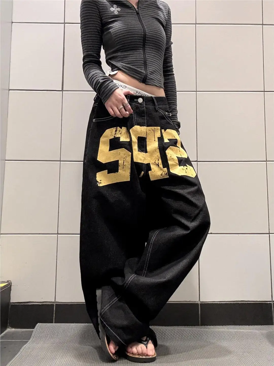 

American Retro Wide Leg Denim Jeans Casual Letter Print ex High Street Simple Loose Couple Leisure Pants