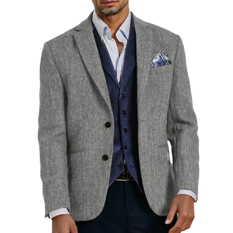 ブラウンヘリンボーンツイードカジュアルメンズスーツ 冬の結婚式用グルームズマンタキシード男性用セットジャケット 2025年新作ファッション