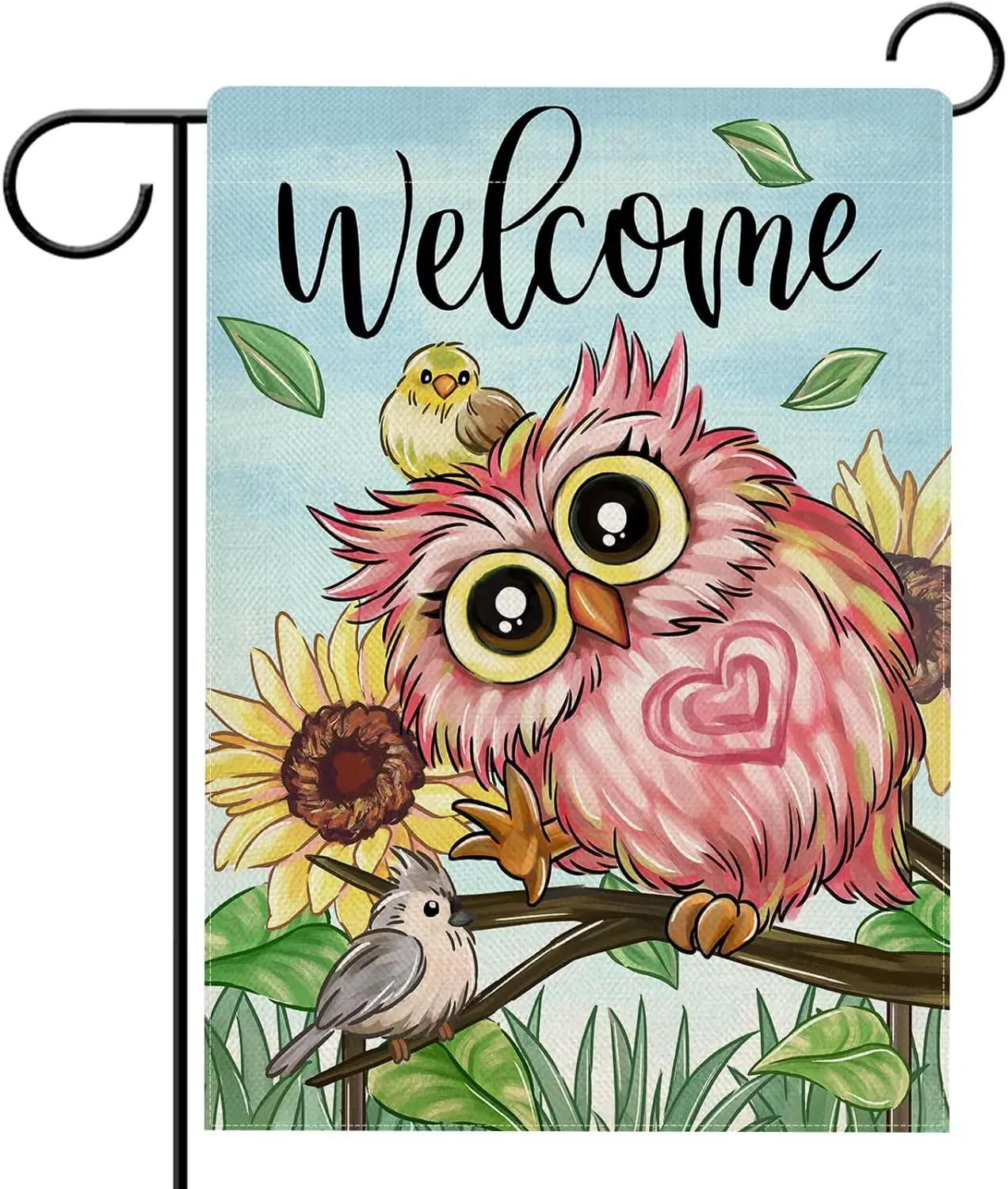 Hzppyz Welcome Spring Summer Pink Owl Bird Garden Flag Double Sided, Sunflower Branches Decorative Yard Outdoor Home Small D jjp