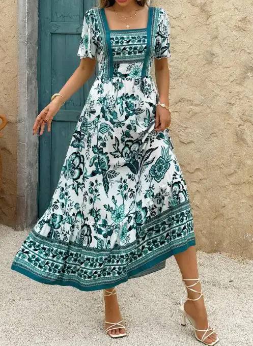 Gonna a trapezio con stampa floreale casual per le vacanze per le donne estive, elegante abito a trapezio con maniche svasate a vita alta e vestibilità slim con collo quadrato