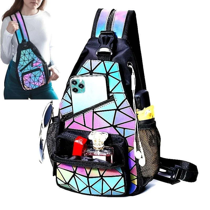 Geometric Luminous Backpack, Holographic Reflective Bag, Women\'s Large Capacity Crossbody Bag