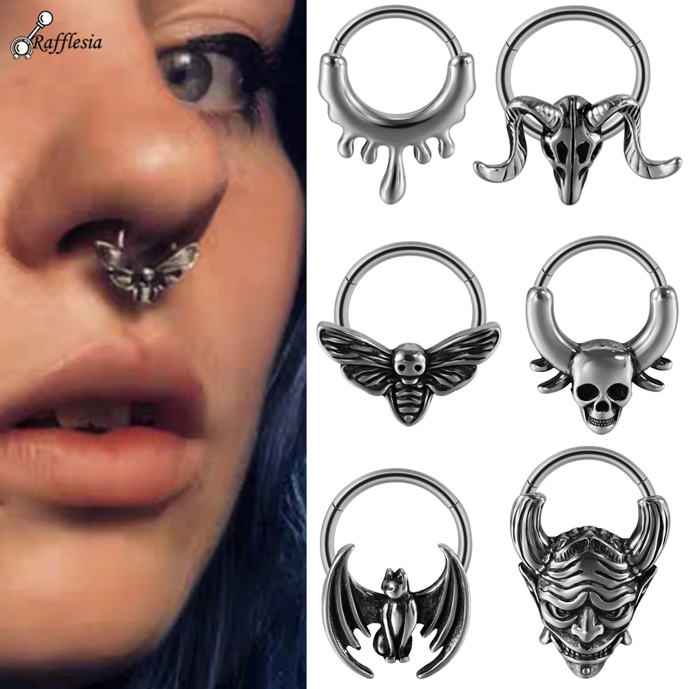 Anillo de acero quirúrgico para tabique, aro con cabeza de oveja y vaca, anillos para tabique nasal, Clicker con bisagras, cartílago del trago, joyería para Piercing en la oreja, 1 ud.