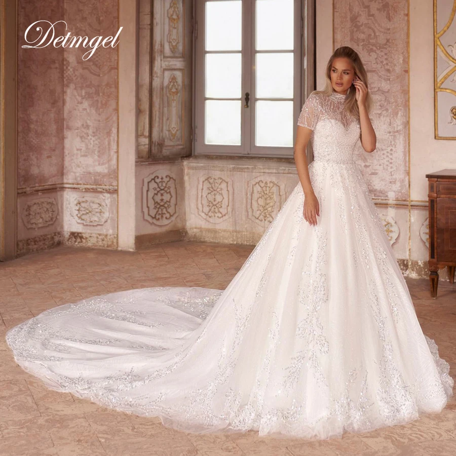 

Detmgel Новое современное свадебное платье трапециевидной формы HALTER/без бретелек, расшитое бисером, блестящее кружево с блестками и шлейфом, Vestido De Noiva по индивидуальному заказу