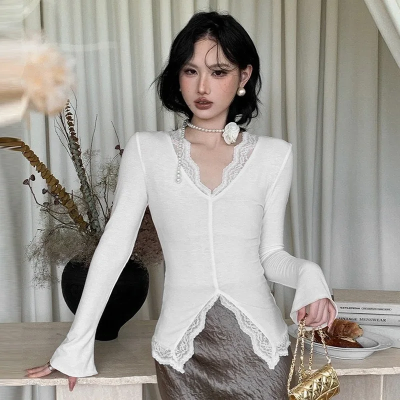 

Lace Trimmed V-ne Top Micro Flared Long Sve Women's Faion Summer Color Slim Fit Crew Neline Ele Top