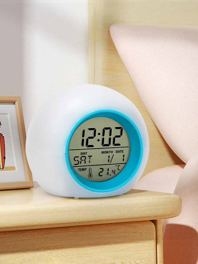 Creative 7 Colorful Round LED Light Alarm Clocks Time Date Display Temperature Detection Multi Functional Circular Alarm Clock