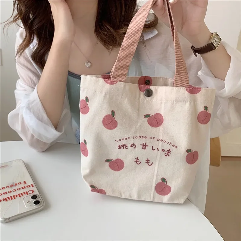 Small Canvas Women Tote Food Bag Japanese Peach Lunch Bag Korean Mini Handbags Lunch Box Cloth Picnic Travel Bento Storage Bags