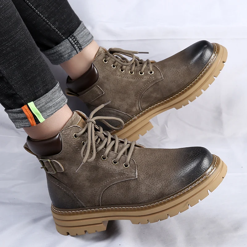 Autumn/Winter British Style Thick Sole Lace Up High Top Boots Man Classic Retro Leather Tooling Boots Fashion Ankle Short Boots