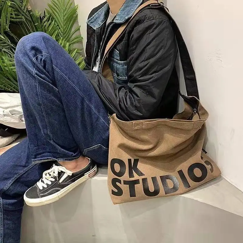 Canvas Men Messenger Bag Female Art Vintage Big Shoulder Satchels Harajuku Fashion Hip Hop Large Student Crossbody School Bag