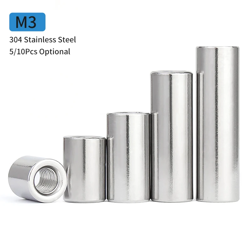 5-10Pcs M3 304 Stainless Steel Cylinder Nut Extended Round Weld Nut Column Long Cylindrical Nut General Hardware Fastener