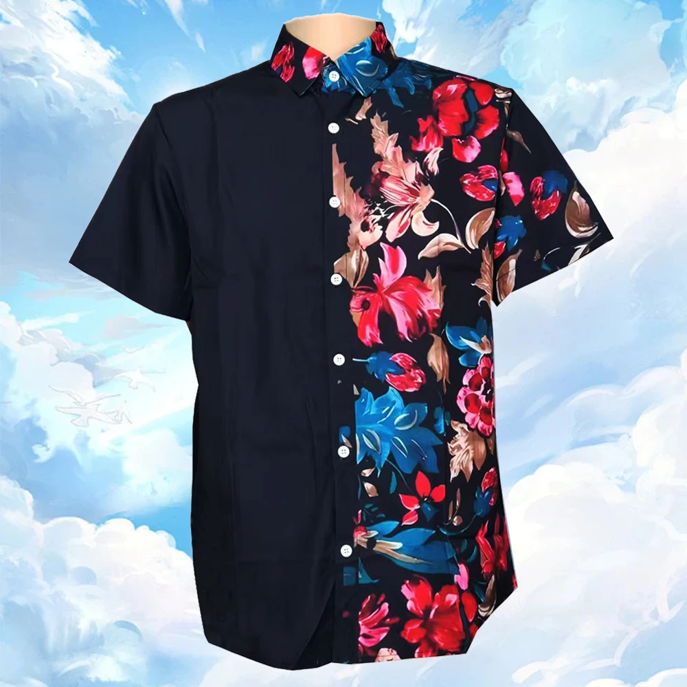 

HDDHDHH 3D printed summer black minimalist color block Hawaiian beach shirt men's short sleeved casual T-shirt loose top