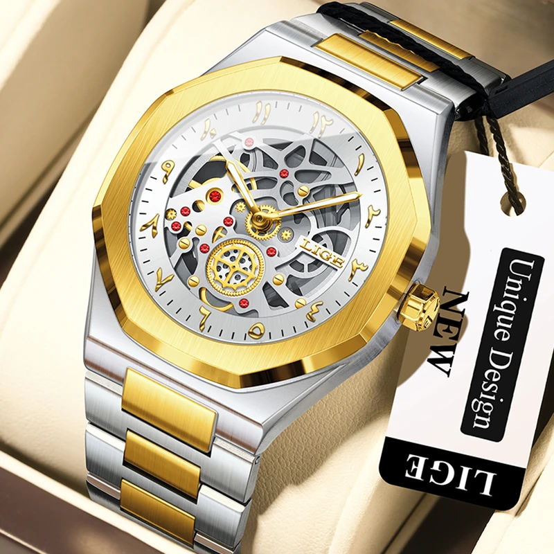 

LIGE Casual Sports Gold Chronograph Wrist Watches For Men Fashion Business Men Watch Waterproof Luminous Hollow Quartz Watch Men